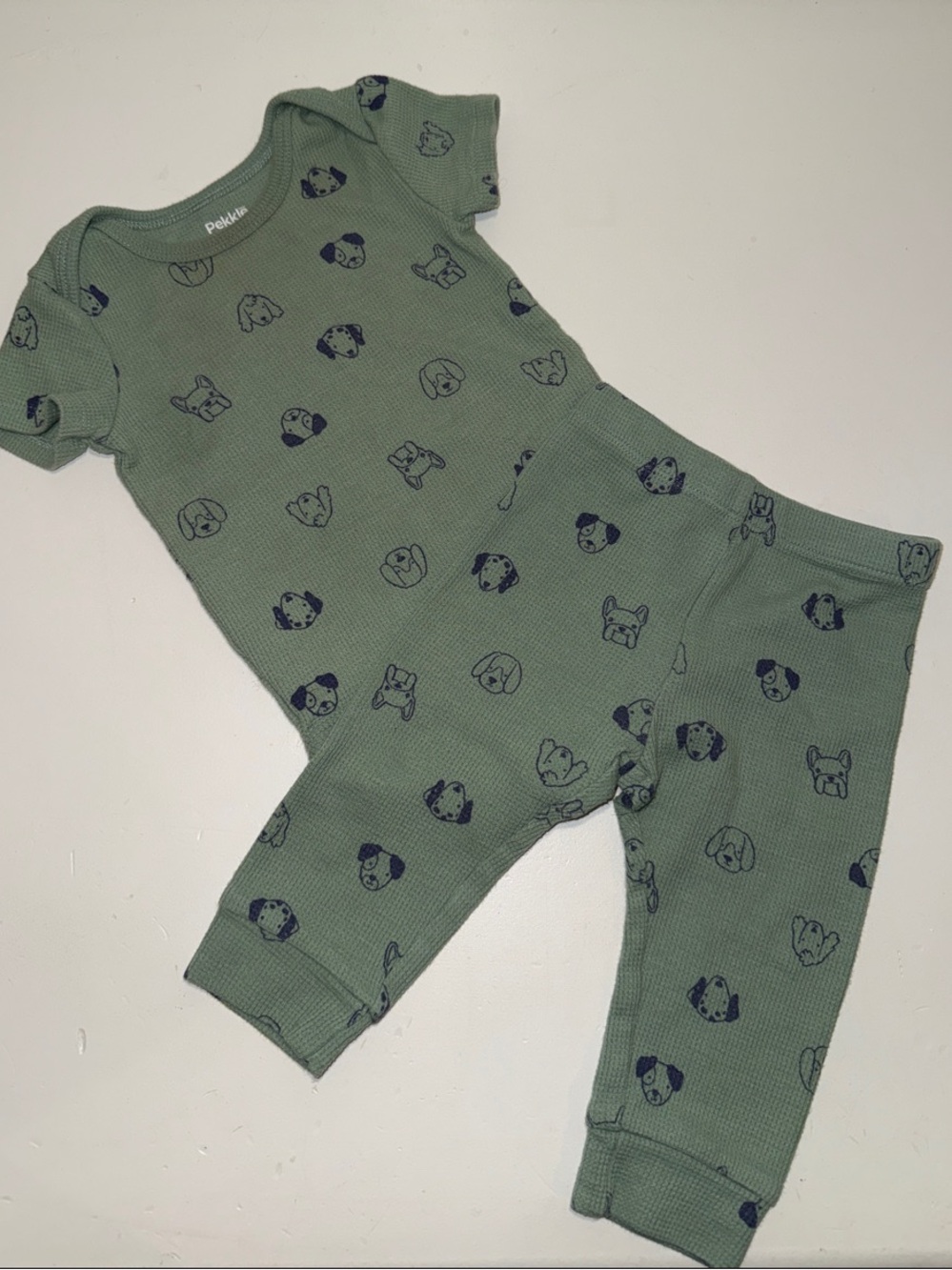 Pekkle Organic Cotton 2-Piece Set Sage Green Dog Print Bodysuit Pants 9M
